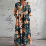 Denise dark teal maxi dress with cream roses, front view