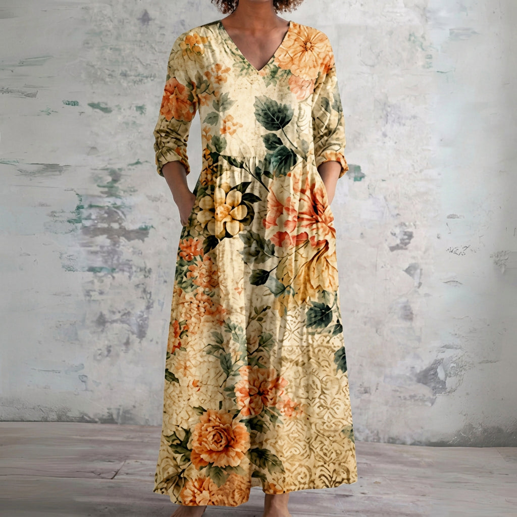 Carmel cream maxi dress with vintage roses, front view