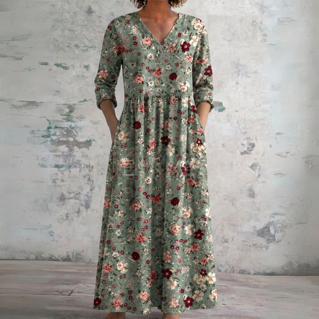 Glenda sage green maxi dress with scattered florals, front view