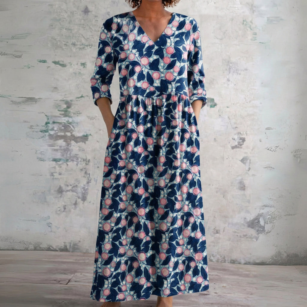 Keira navy maxi dress with berry blossoms, front view