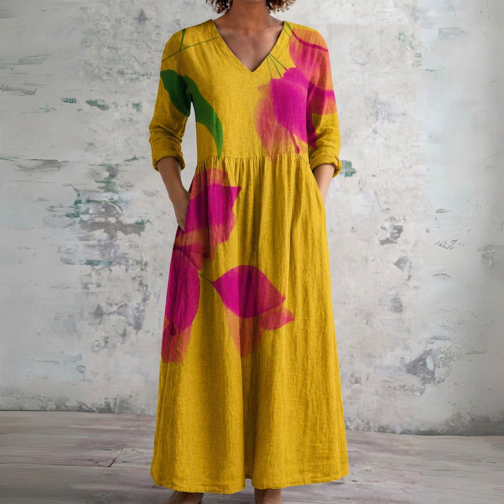 Portia mustard maxi dress with bold blooms, front view