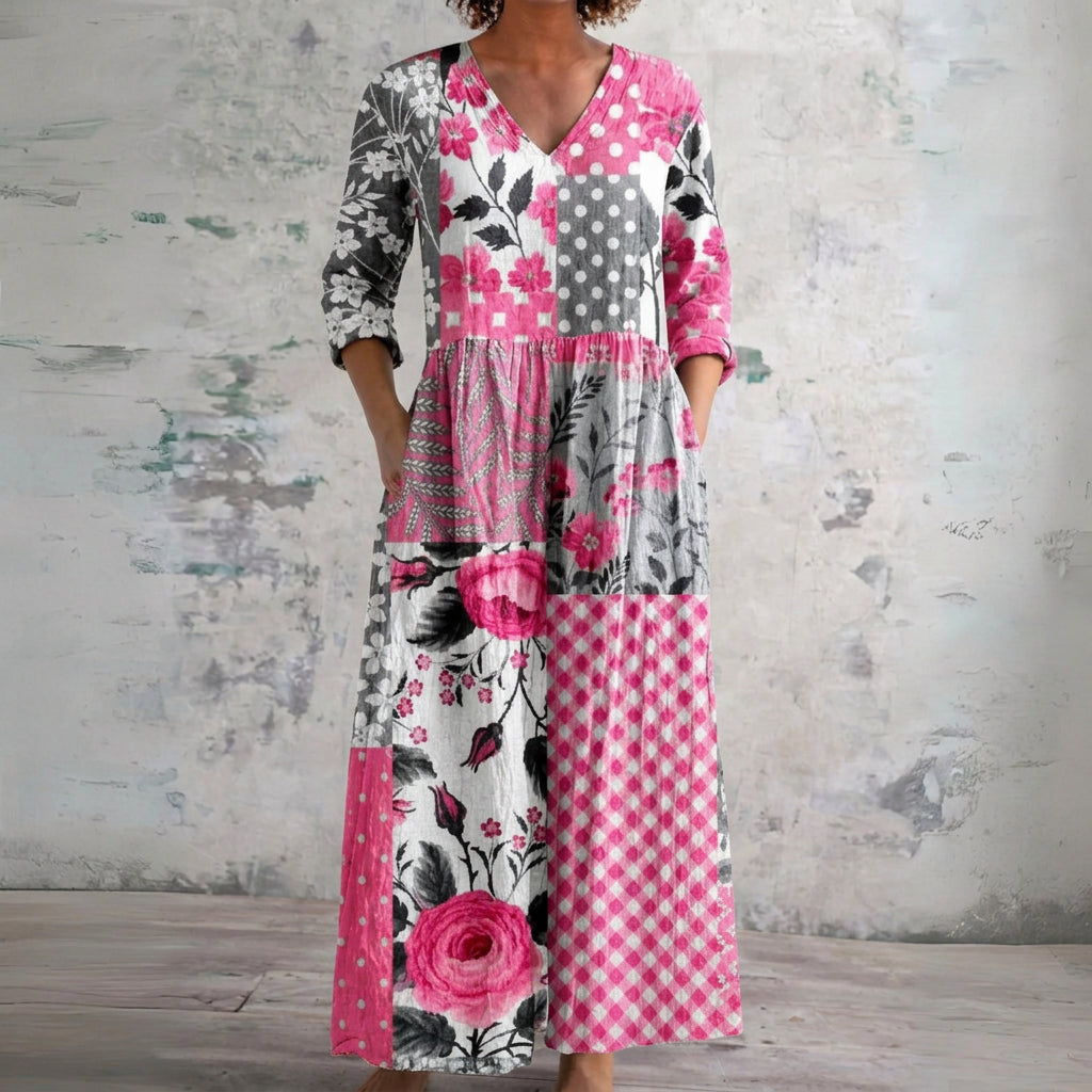 Mollie pink patchwork maxi dress with cottage roses, front view