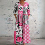 Mollie pink patchwork maxi dress with cottage roses, front view