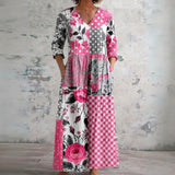 Mollie pink patchwork maxi dress with cottage roses, front view