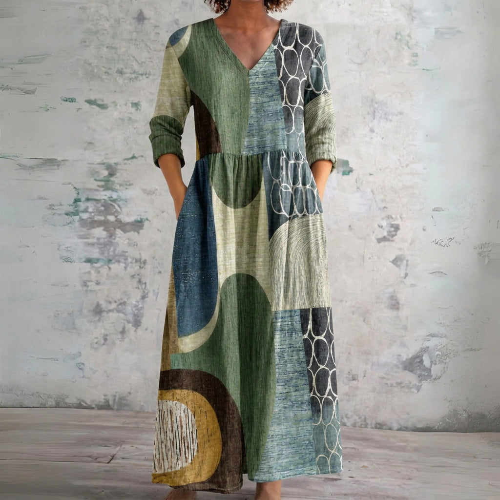 Jacqui green and blue abstract patchwork maxi dress, front view
