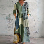 Jacqui green and blue abstract patchwork maxi dress, front view