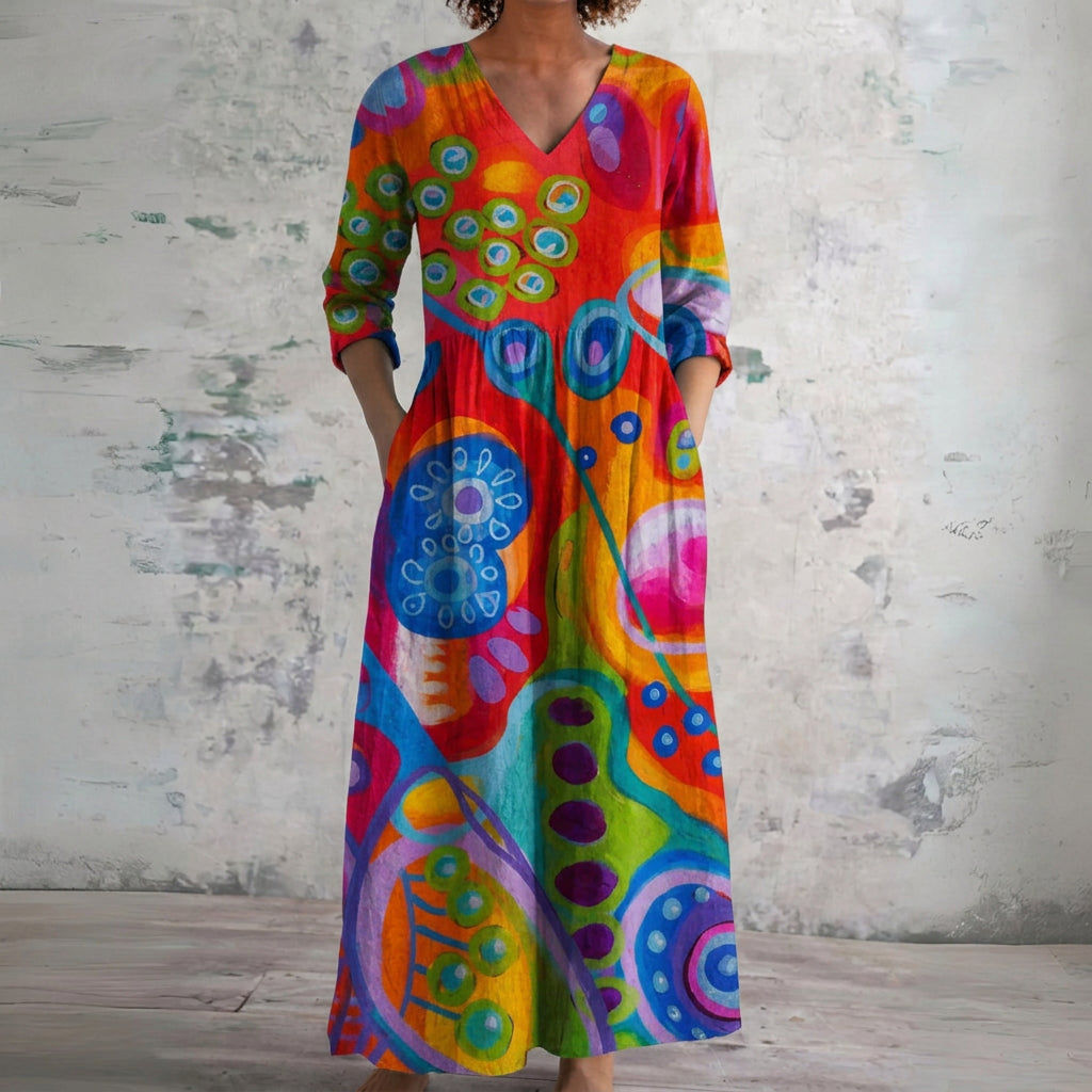 Dana bright abstract print maxi dress, front view