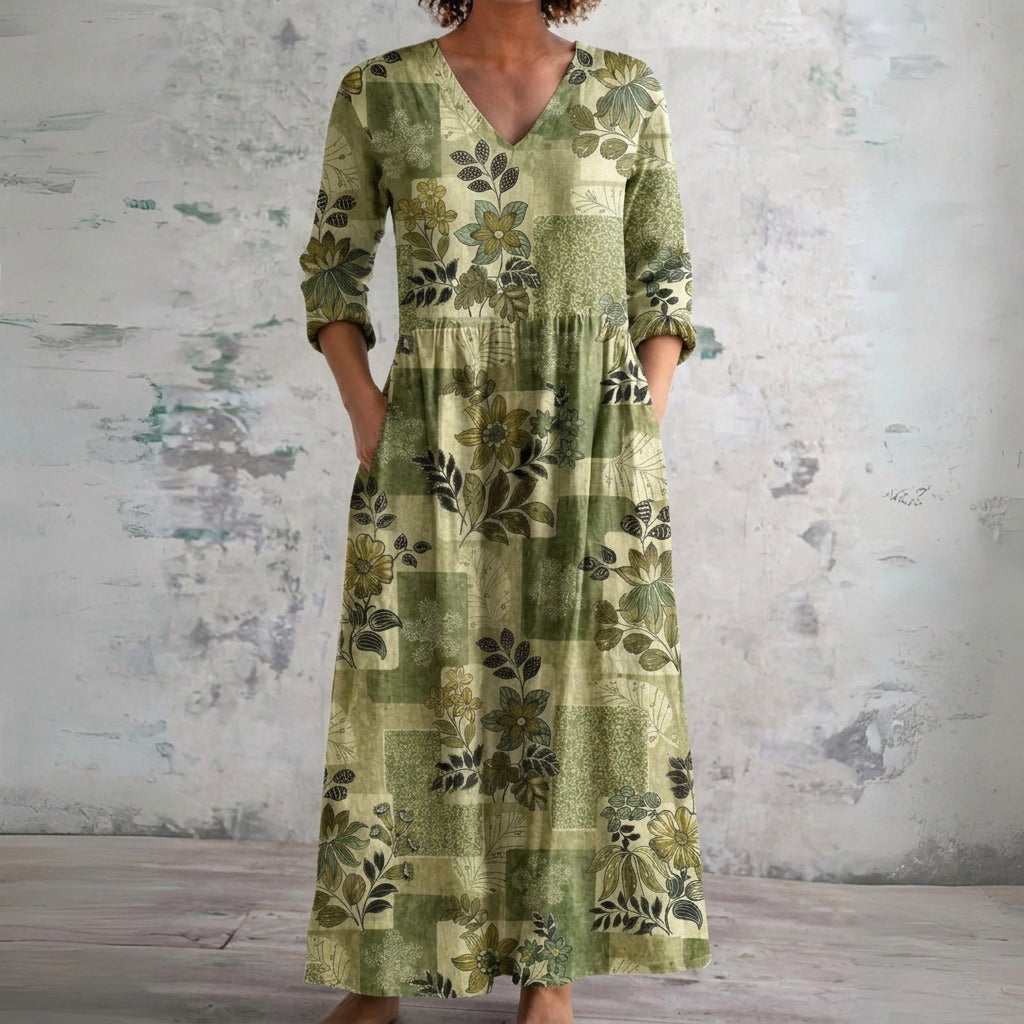 Merryn sage green leaf patchwork maxi dress, front view