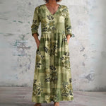 Merryn sage green leaf patchwork maxi dress, front view