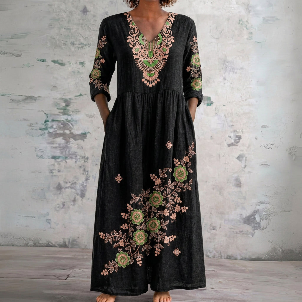 Colleen black maxi dress with embroidered florals, front view