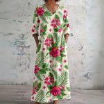 Lulu cream maxi dress with tropical hibiscus, front view
