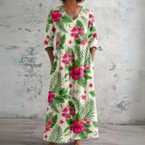 Lulu cream maxi dress with tropical hibiscus, front view