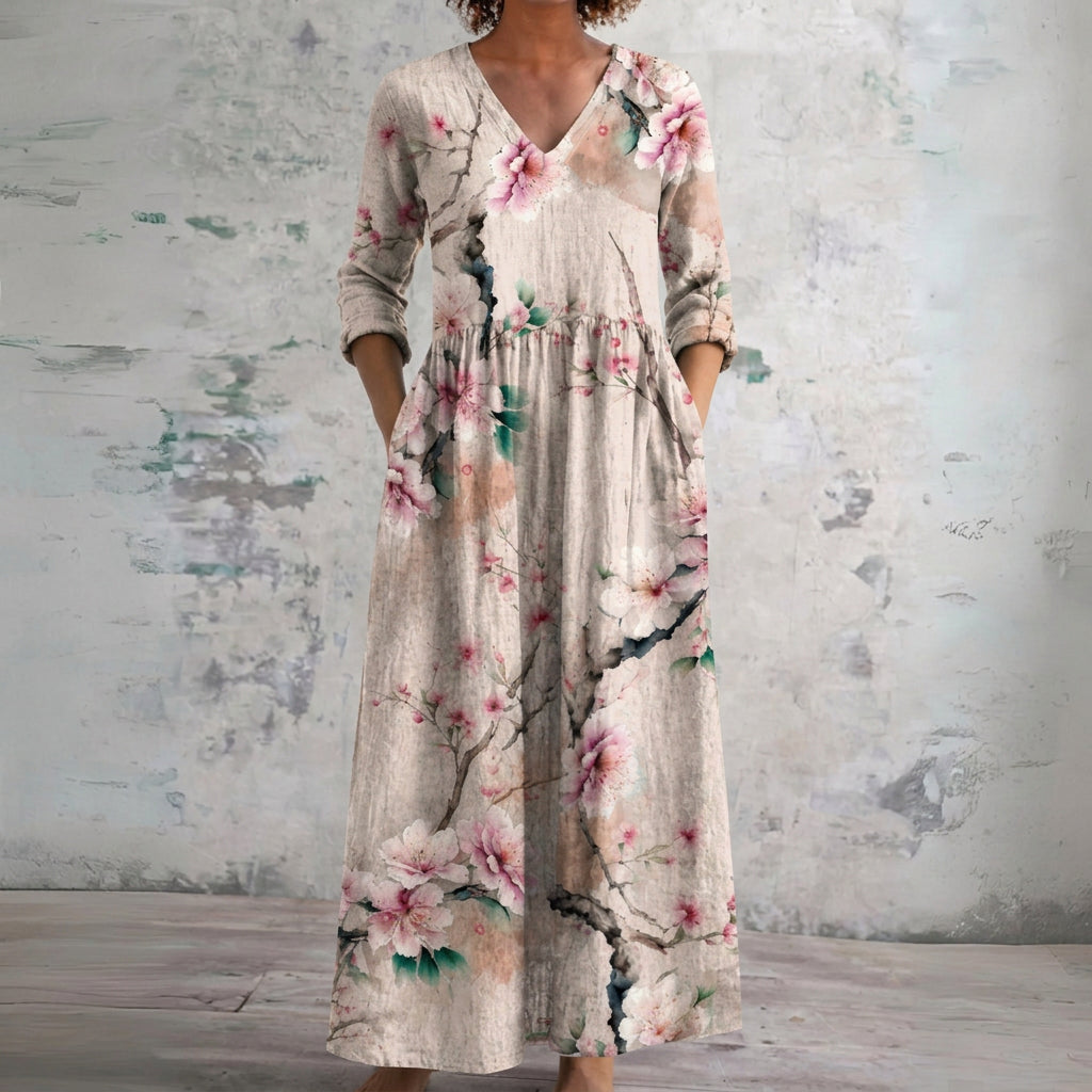 Piper cream maxi dress with cherry blossom, front view