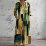 Ingrid olive geometric block maxi dress, front view