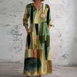 Ingrid olive geometric block maxi dress, front view