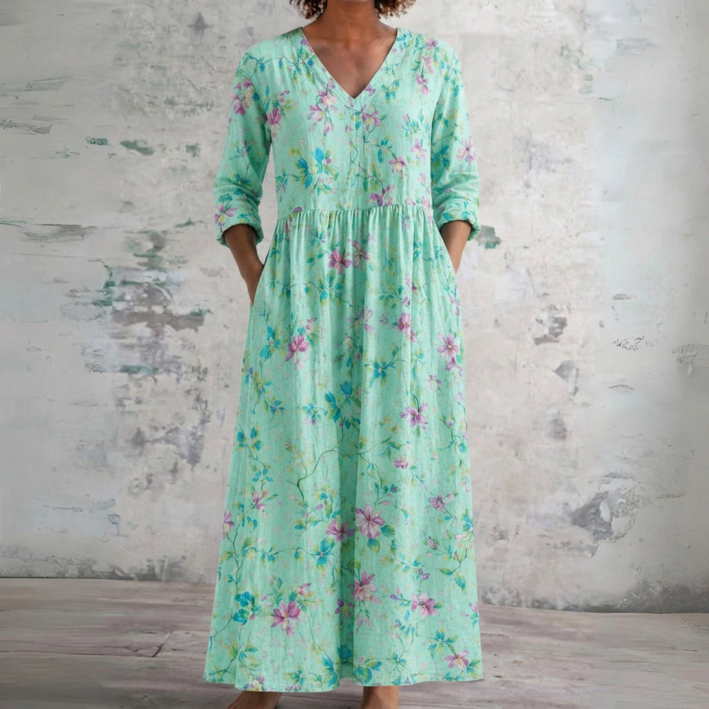 Steph mint maxi dress with pink blossoms, front view