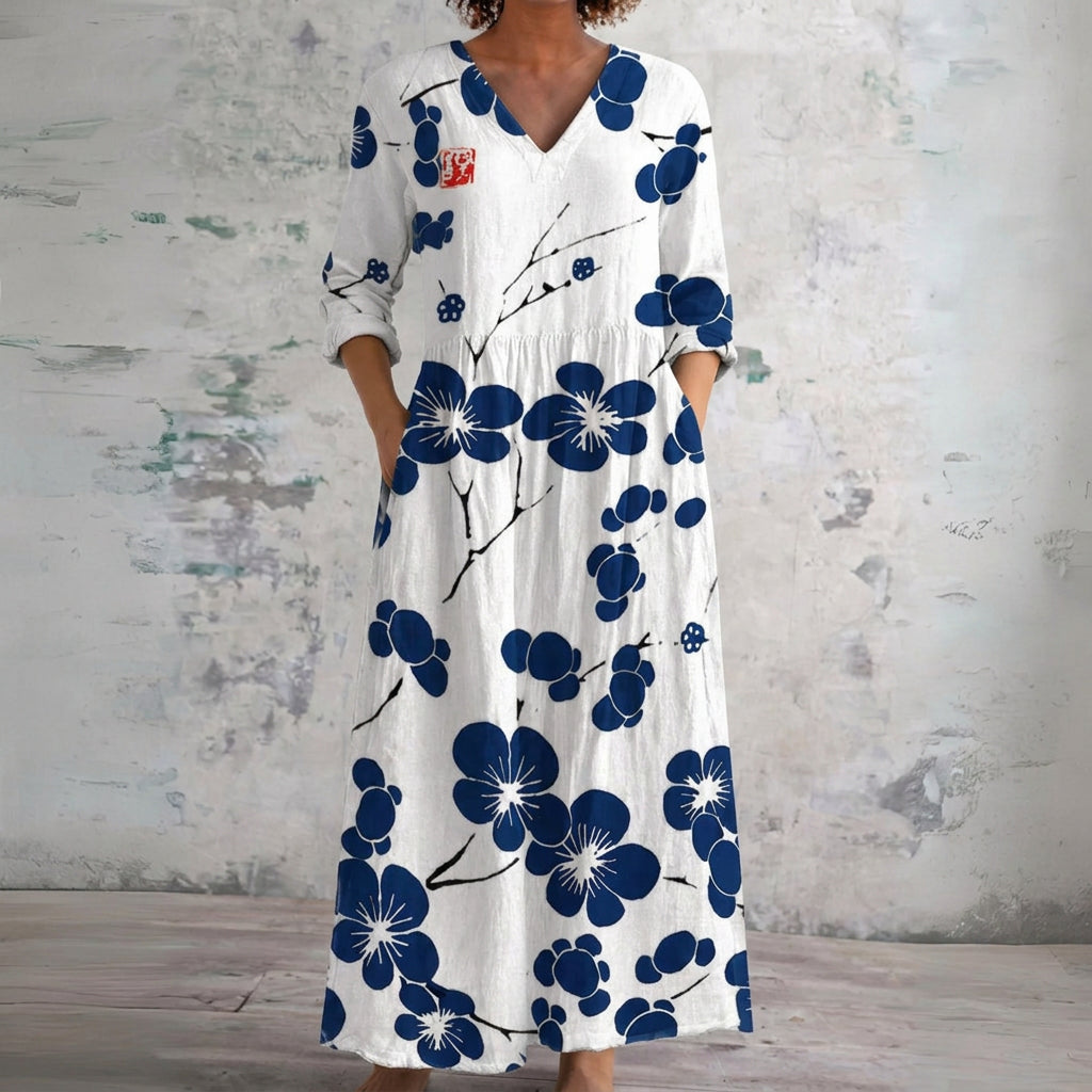 Kara white maxi dress with navy blossom branches, front view