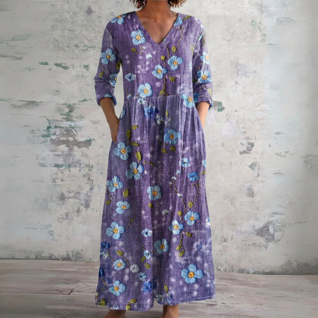 Michelle lavender maxi dress with blue blossoms, front view
