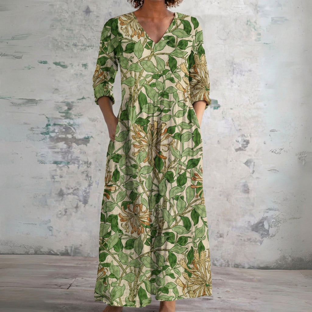 Alison green leaf print maxi dress, front view