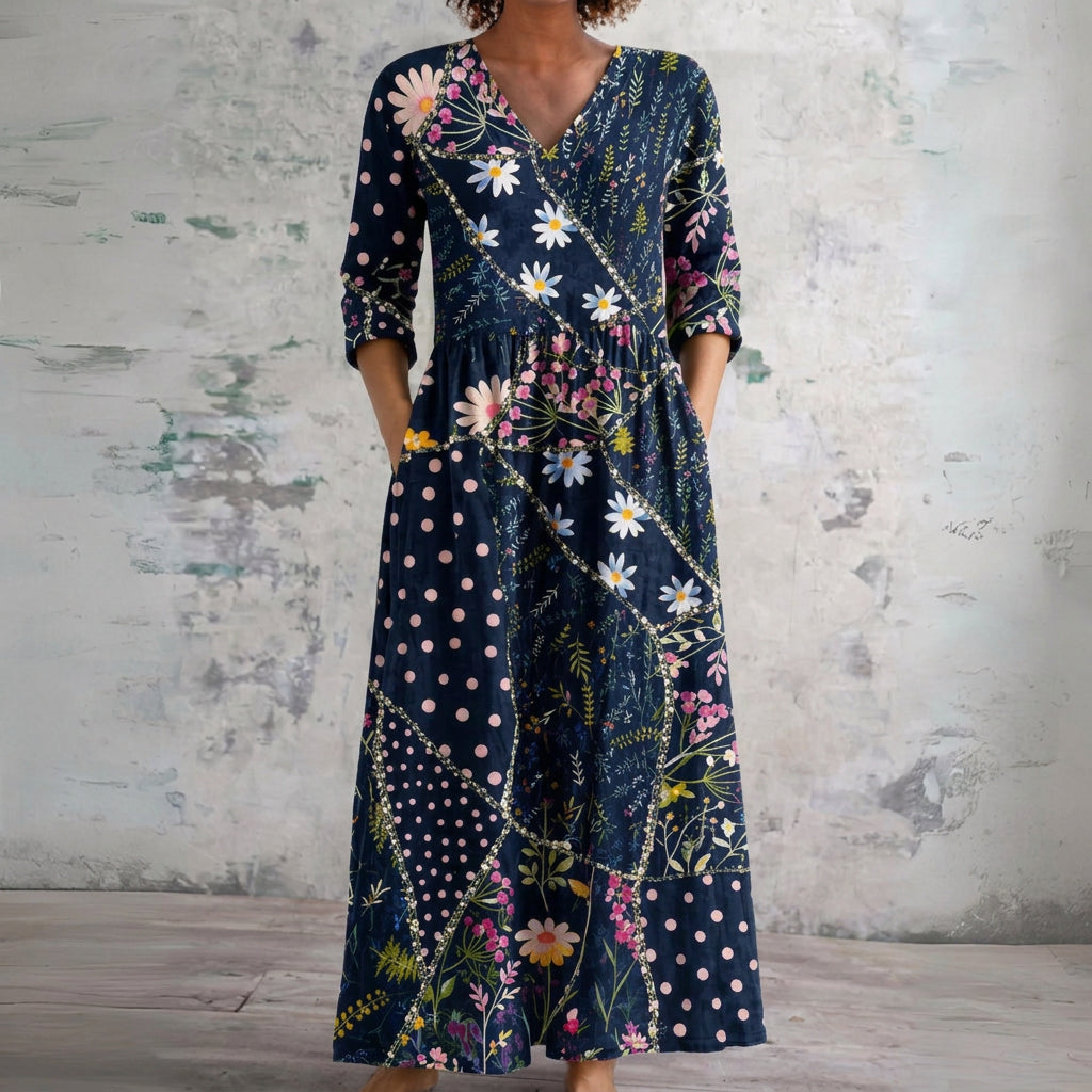 Claudia navy maxi dress with daisies and dots, front view