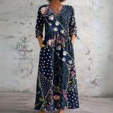 Claudia navy maxi dress with daisies and dots, front view