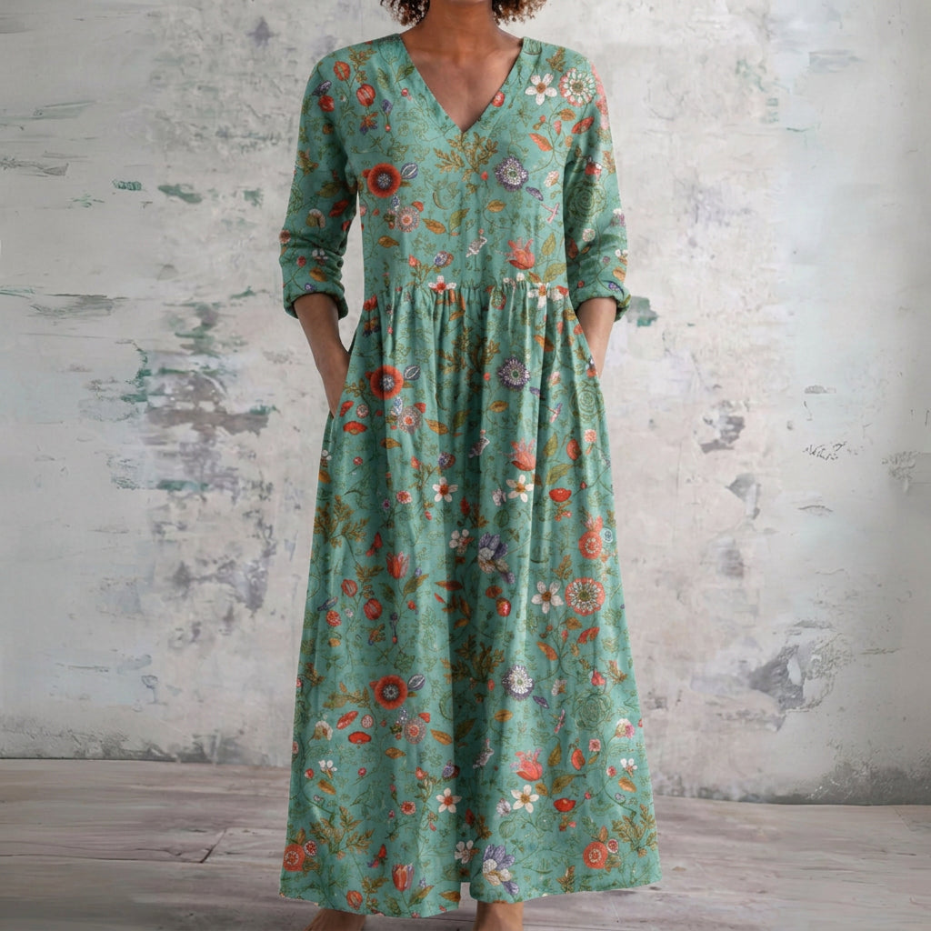 Gwen teal maxi dress with fine florals, front view