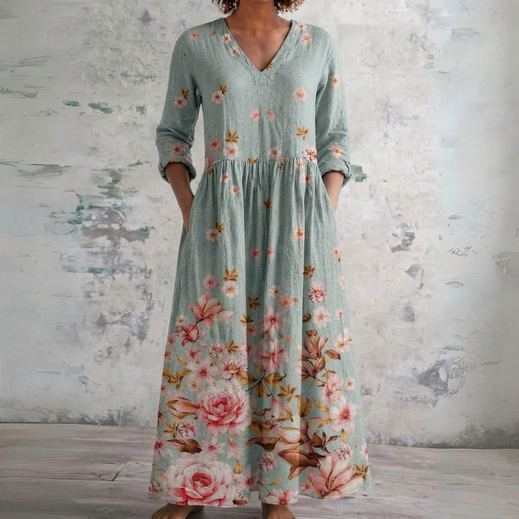 Erin sage blue maxi dress with pink roses, front view