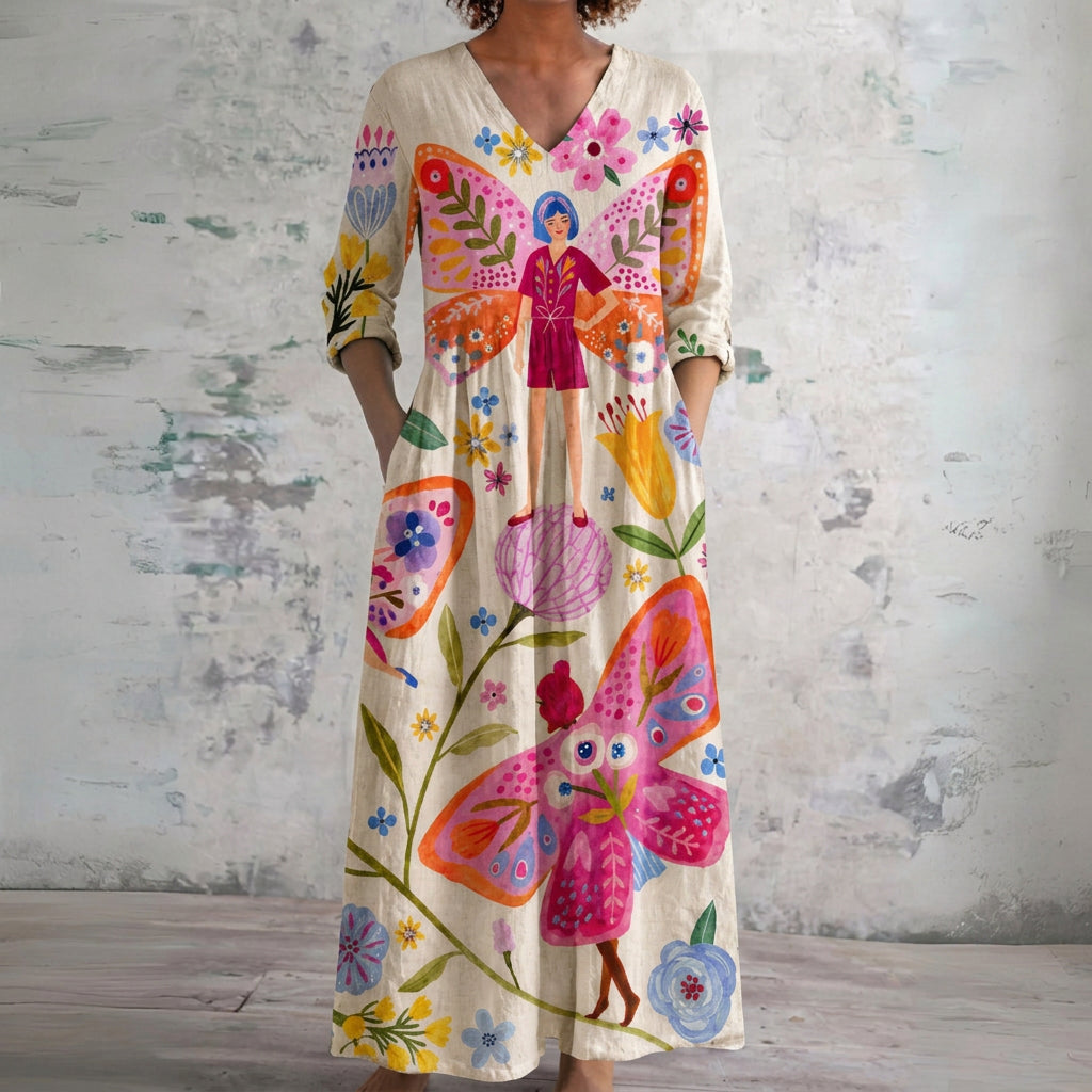 Maggie cream maxi dress with folk figures, front view