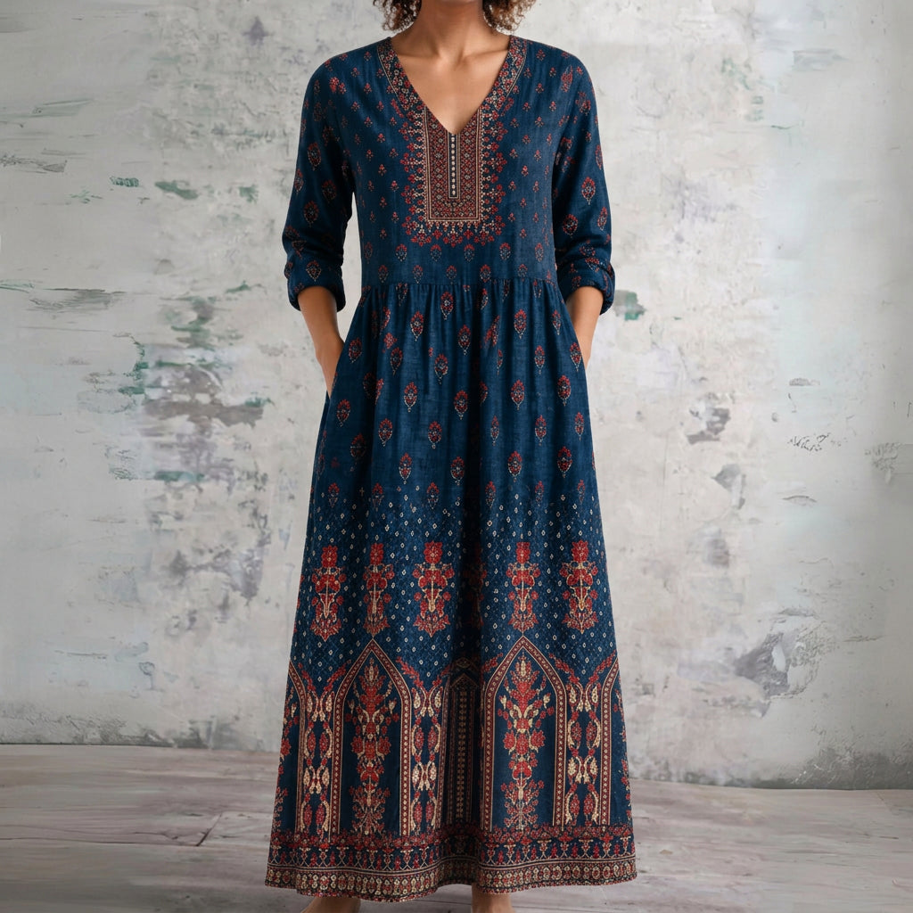 Rowena navy maxi dress with border print, front view