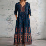 Rowena navy maxi dress with border print, front view