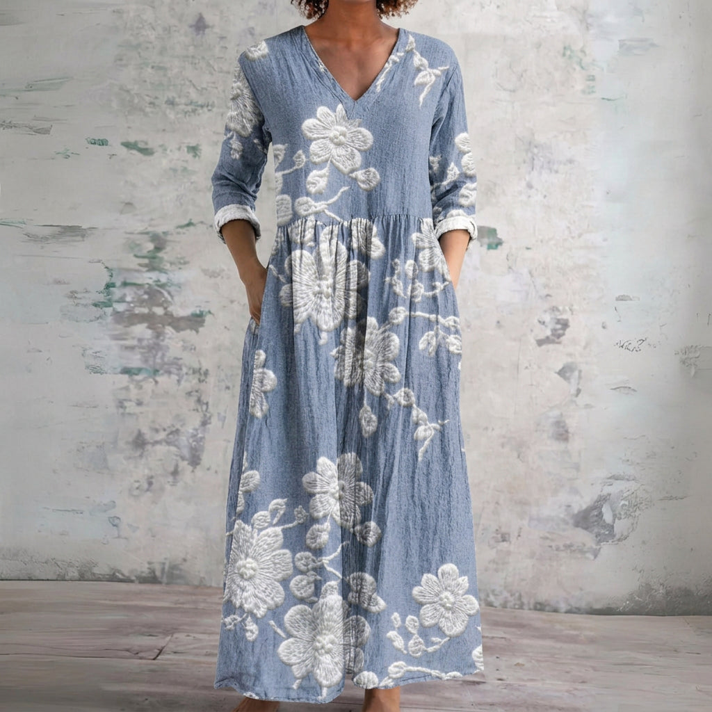 Dulcie blue maxi dress with white blossoms, front view