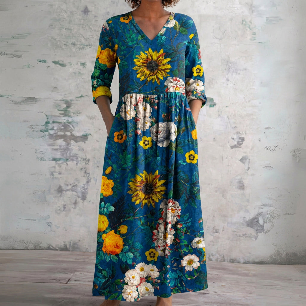 Noelle blue sunflower print maxi dress, front view