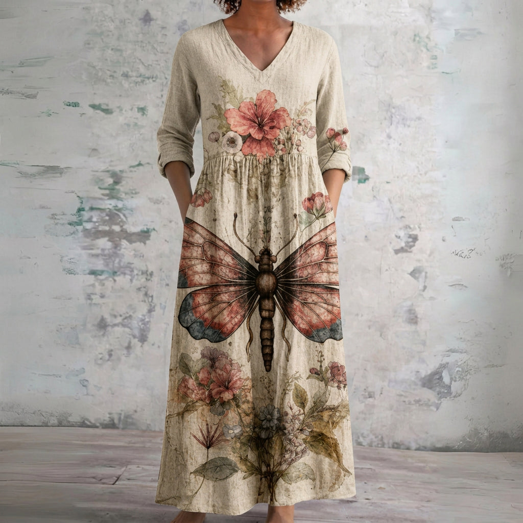 Ginny cream butterfly print maxi dress, front view