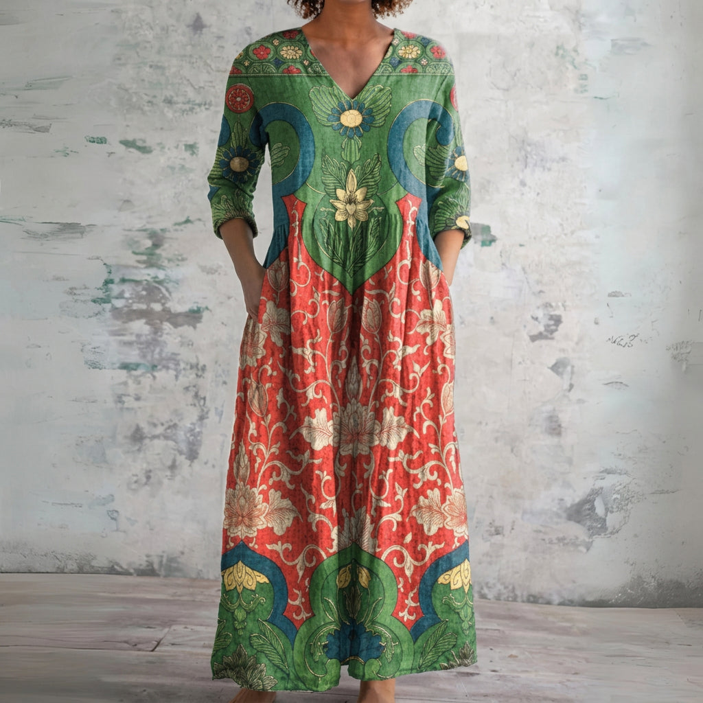 Delta green and red tapestry floral maxi dress, front view