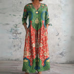 Delta green and red tapestry floral maxi dress, front view