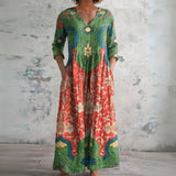 Delta green and red tapestry floral maxi dress, front view