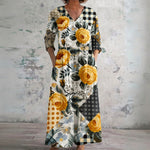 Rita patchwork maxi dress with golden roses, front view