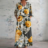 Rita patchwork maxi dress with golden roses, front view