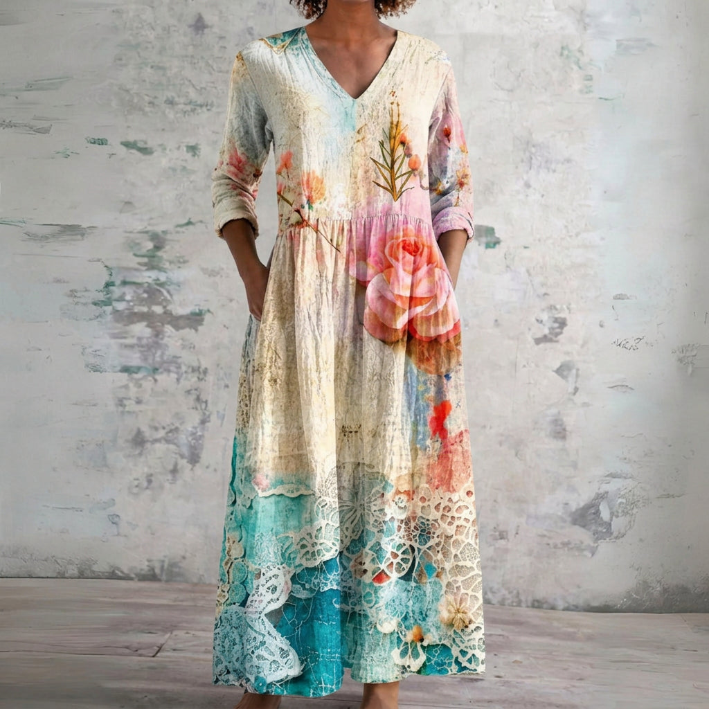 Chelsea cream maxi dress with roses and lace panels, front view