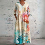 Chelsea cream maxi dress with roses and lace panels, front view
