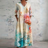 Chelsea cream maxi dress with roses and lace panels, front view