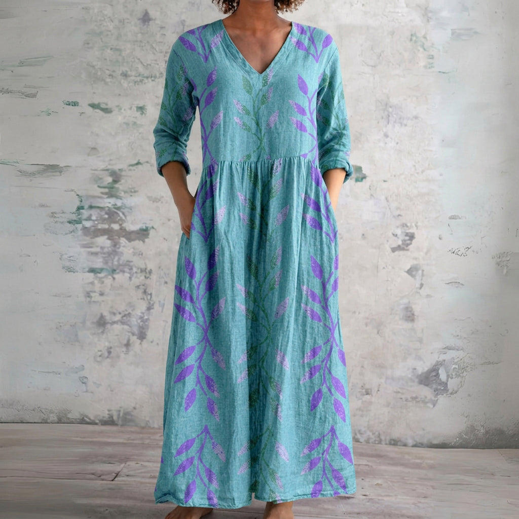 Thea teal maxi dress with lavender leaves, front view