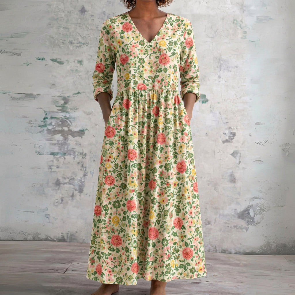 Joanna cream maxi dress with fine green florals, front view