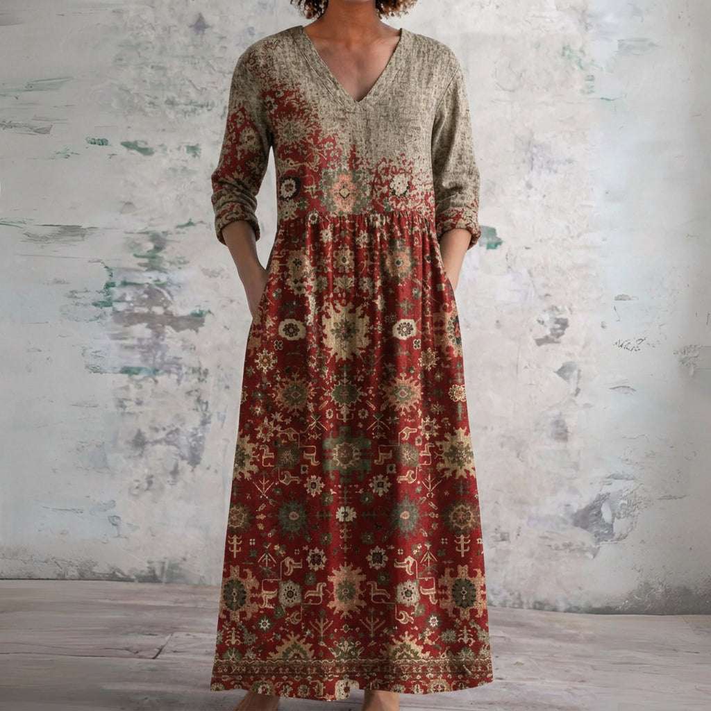Ramona burgundy heritage mosaic maxi dress, front view