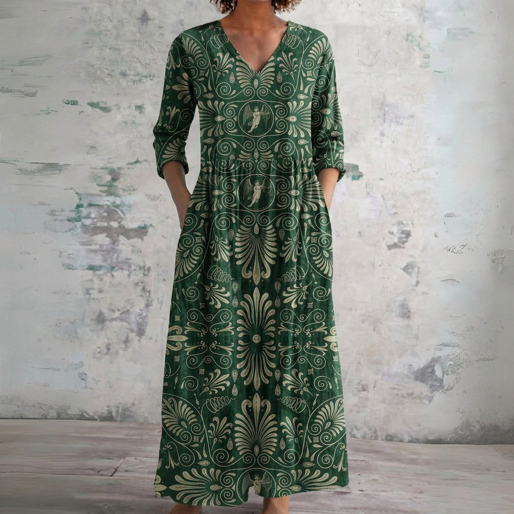 Fern emerald maxi dress with heritage scrollwork, front view