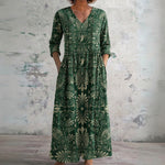 Fern emerald maxi dress with heritage scrollwork, front view