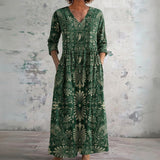Fern emerald maxi dress with heritage scrollwork, front view