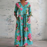Demi teal maxi dress with pink roses, front view