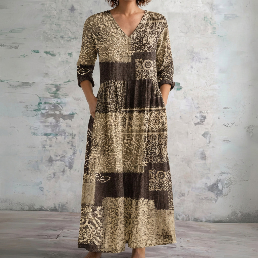 Vicki brown and cream batik block maxi dress, front view
