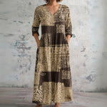 Vicki brown and cream batik block maxi dress, front view
